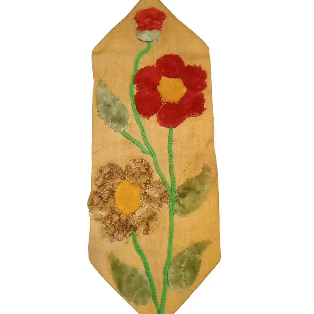 Vtg 70's Orange Yellow Green Flowers Latch Hook Yarn Burlap Wall Hanging READ